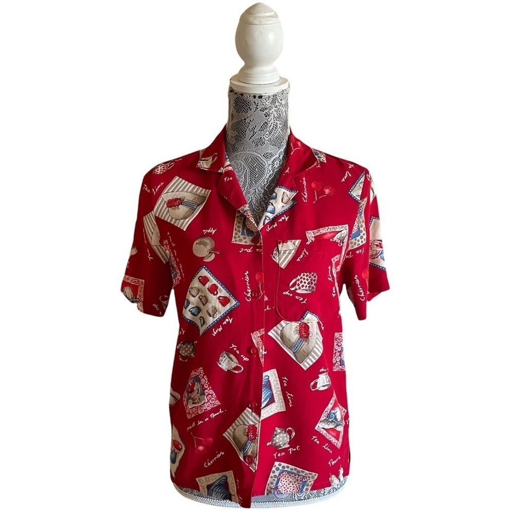 VINTAGE Alfred Dunner Novelty Print Red Blouse Size 6P